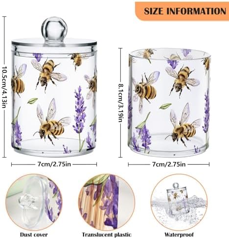 Fustylead 2 Pack Vivid Honeybee and Lavender Flower Qtip Holder Dispensers, Plastic Apothecary Jar Bathroom Accessories Set for Cotton Ball, Swab, Round Pads, Floss