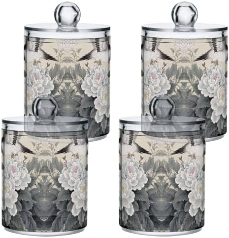 MNSRUU 4 Pack Qtip Holder Organizer Dispenser Retro Ink Peony Wild Goose Bathroom Storage Canister Cotton Ball Holder Bathroom Containers for Cotton Swabs/Pads/Floss