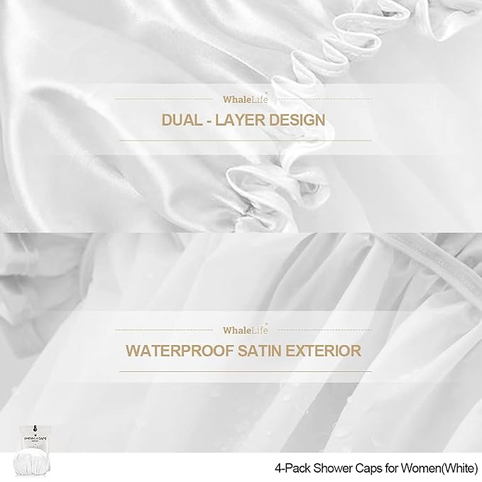 Shower Cap for Women Reusable Extra Large Shower Cap for Men (White 4 Pack Large) Satin Double Layer EVA Waterproof Long Hair Cap | Double Layer 100 Percent Dry Jumbo Oversized Fits Thick Hair Smooth Lining Prevents Hair Frizz Snug Elastic Band No Pres...