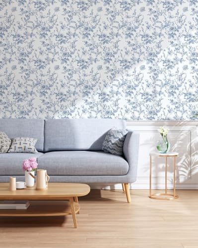 Light Blue Botanical Floral Shelf Liner Contact Paper Peel and Stick Botanical Floral Wallpaper for Walls Bahtroom Bedroom Kitchen Cabinets Dresser Drawer Furniture Arts Carfts Decal 17.7X393 Inches