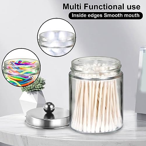 4 Pack Qtip Holder, Canister Apothecary Jar Set, Clear Plastic Apothecary Jar Containers, Bathroom Jars with Lids Set for Cotton Swabs, Balls, Pads, Floss Picks (Silver)
