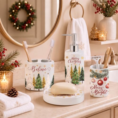 4 Pcs Christmas Ceramic Bathroom Accessories Gifts Xmas Tree Bath Tumbler Soap Dispenser Toothbrush Holder Soap Tray Merry Xmas Bathroom Decorations (White Merry Christmas)
