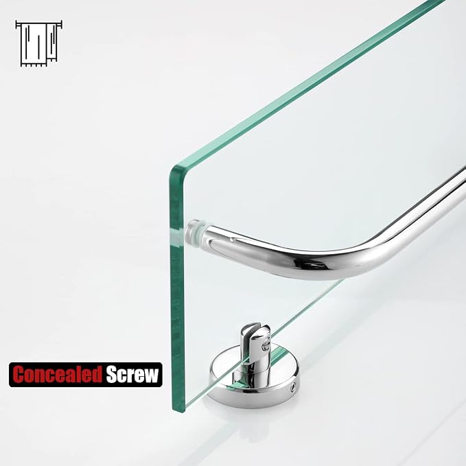 JQK Bathroom Glass Shelf Polished Chome, Shelf with 19 Inch Towel Bar Tempered Glass Shower Storage 20 by 5 inches, 304 Stainless Steel Silver Finish Wall Mount, TGS100L20-CH