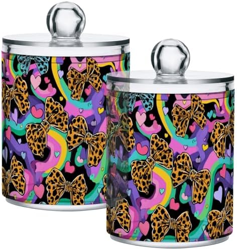 Gredecor 2 Pack Qtip Holder Clear Leopard Bows Heart Apothecary Jars with Lids Acrylic Bathroom Jars Vanity Countertop Canister Storage Organizer for Cotton Ball,Swabs,Pads,Floss
