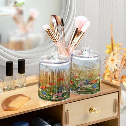 ALAZA Wildflower Watercolor Oil Painting 2 Pack Qtip Holder Dispenser for Cotton Swabs, Balls, Pads, Floss 10 oz Plastic Canister Organizer