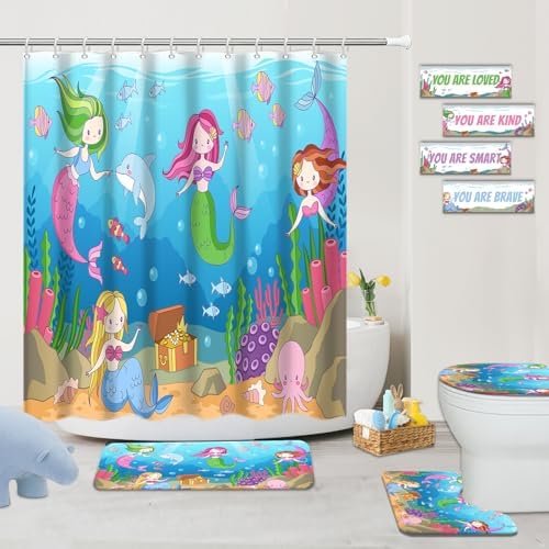 4 Pcs Mermaid Bathroom Set Sea Ocean Shower Curtain Sets with Non-Slip Rugs Toilet Lid Cover and Bath Mat Set, Kids Girl Bathroom Decor with 12 Hooks