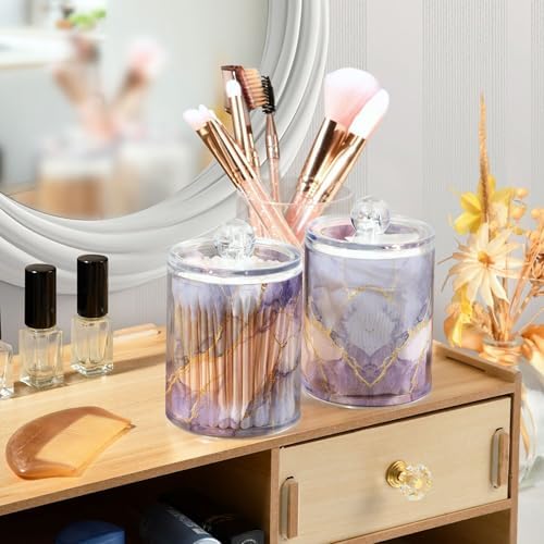 MNSRUU 2 Pack Qtip Holder Organizer Dispenser Marble Pink Gray Bathroom Storage Canister Cotton Ball Holder Bathroom Containers for Cotton Swabs/Pads/Floss