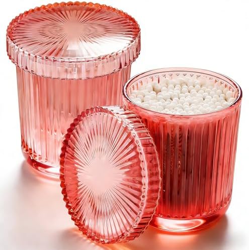 Glass Qtip Dispenser 2 Pack, Clear Bathroom Storage Organizer for Cotton Swabs, Balls, Pads & Floss Picks, Vanity Makeup Essential Accessories (Pink)
