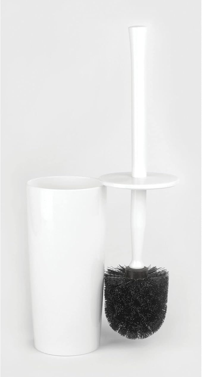 mDesign Slim Plastic Toilet Bowl Brush and Holder Set, Modern Compact Storage Organizer Cleaner Scrubber for Toilet - Heavy Duty Cleaning Plunger for Bathroom, Aura Collection - White
