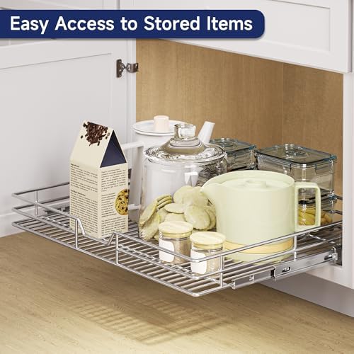 Pull Out Cabinet Organizer, 31.5" W x 21.5" D, Heavy Duty Chrome Slide Out Shelf for Wide Base Cabinets, Sliding Wire Basket Drawer for Pots, Pans, Appliances & Pantry Storage