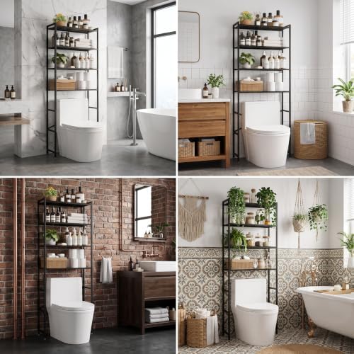 4-Tier Over The Toilet Storage Rack, Bathroom Organizer with One-Piece Metal Mesh Shelves, Over Toilet Shelf with Adjustable Feet & Anti-Tip Kit, Space-Saving Bathroom Storage, Black