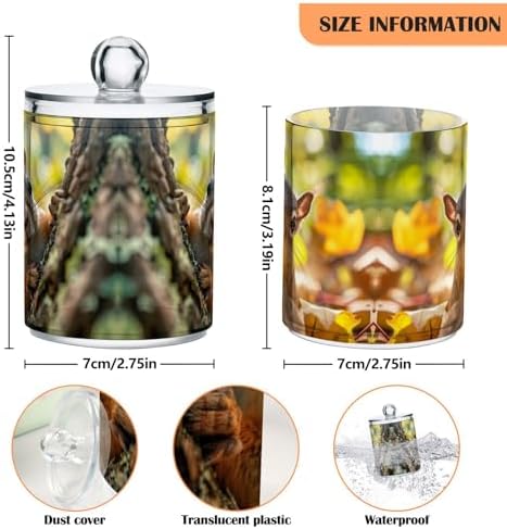 Squirrel Peeking Pattern Qtip Holder 2 Pack - 10 Oz Clear Plastic Apothecary Jar Set for Bathroom Organization - Versatile Canister Storage for Cotton Balls, Swabs, Rounds