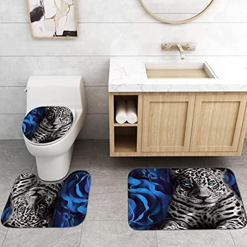 NBVKO 4PCS Blue Rose and Leopard Shower Curtain Set with Non-Slip Rugs,Toilet Lid Cover and Bath Mat,Bathroom Decor Accessory Set