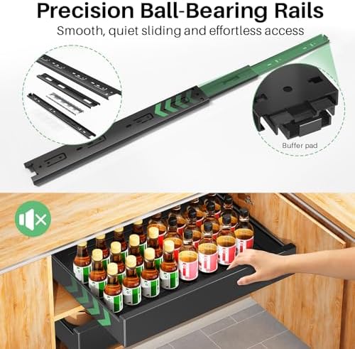Pull Out Cabinet Organizer with Nano Adhesive, Heavy Duty Full-Extension Slide-Out Drawer for Kitchen Cabinet Organizers and Storage, No Drill Roll out Pantry Shelf, 22.4"W x 16.9"D x 3.1"H , Black