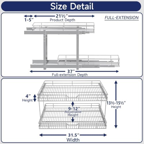 2-Tier Pull Out Cabinet Organizer, 31.5" W x 21.5" D, Heavy Duty Dual Slide Out Shelves for Wide Base Cabinets, Chrome Wire Basket Drawer for Pots, Pans, Pantry & Cleaning Supplies