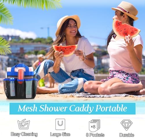 8 Packs Large Mesh Shower Caddy with 8 Pocket and Handle, Blue