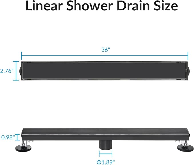 36 Inch Linear Shower Drain Matte Black Floor Drain for Bathroom Kitchen Rectangular 2 in 1 Floor Drain Tile Insert Cover 304 Stainless Steel Easy Install with Hair Strainer, Adjustable Leveling Feet