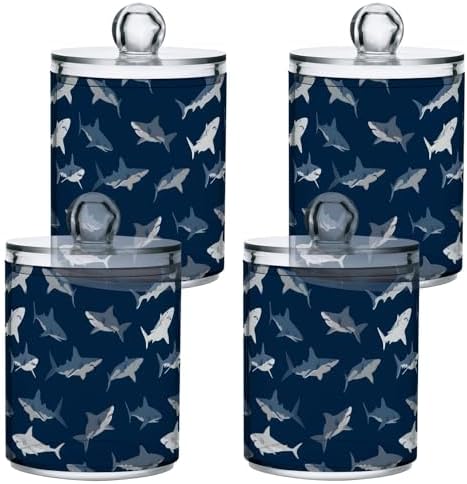 ALAZA 2pcs Dark Blue Shark Fish Qtip Holder Dispenser 14 oz Bathroom Storage Clear Apothecary Jars Containers Cotton Ball,Cotton Rounds,Floss Picks, Hair Clips, Food