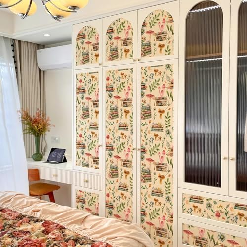 Adhesive Shelf Liner,Boho Floral Shelf Contact Paper for Cabinets,Vinyl Film Decorative Drawer Liners for Dresser Sticker (White Boho Floral, 17.3 inch x 118 inch)