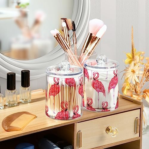 2 Pack Apothecary Jars Bathroom Pink Flamingo Qtip Holder Storage Canister Clear Plastic Jar with Lid for Cotton Ball, Cotton Swab
