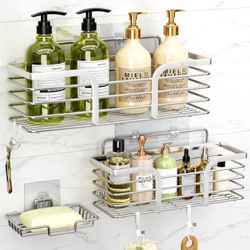 Yougai Shower Caddy, Shower Organizer with Soap Holder and Hooks, Rustproof Shower Shelves, No Drilling Bathroom Organizers and Storage, Wall-Mounted Kitchen & Home Decor (Silver)