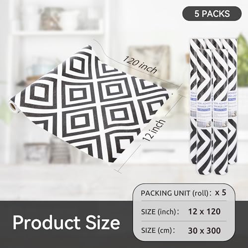 FIFTY FEET 12"x120" Non-Adhesive Shelf Liner for Kitchen Cabinets and Drawers, Washable Non-Slip PVC Cabinet Liner (Black Plaid)(5 Roll)