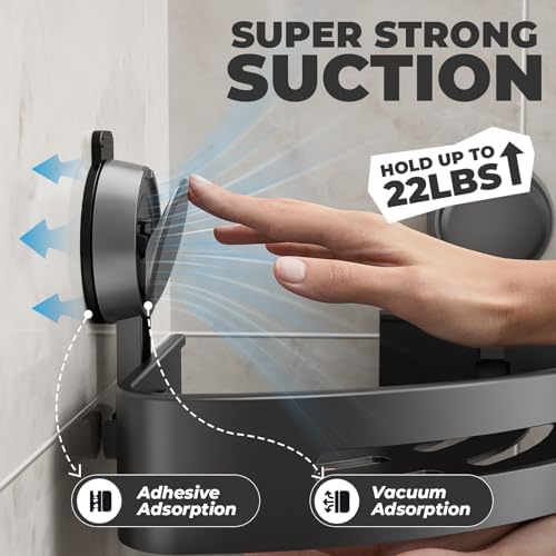 Corner Shower Caddy Suction Cup,Shower Shelves with Hooks,No Drilling Powerful Upgrade Suction Bathroom Corner Organizers and Storage,Removable Waterproof Rustproof Shower Shelf Bathroom Decor(1)