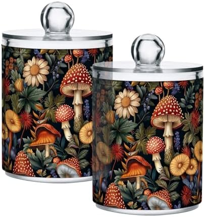 Retro Mushrooms and Flowers Qtip Holder Dispenser Set of 2, Clear Apothecary Plastic Jars Bathroom Counter Organizer for Cotton Ball, Swab, Floss, Makeup Sponges, Hair Clip 10 Oz