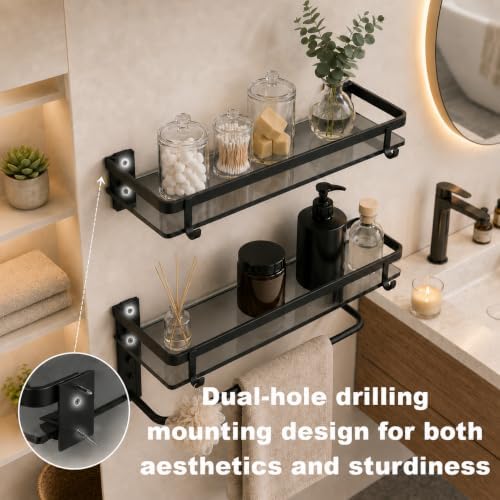 VOLPONE Glass Shelf for Bathroom 15.7 in Black Bathroom Shelves Wall Mounted Tempered Glass Shelving with 4 Removable Hooks (2 Tier)