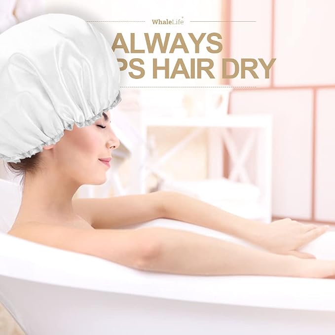 Shower Cap for Women Reusable Extra Large Shower Cap for Men (White 4 Pack Large) Satin Double Layer EVA Waterproof Long Hair Cap | Double Layer 100 Percent Dry Jumbo Oversized Fits Thick Hair Smooth Lining Prevents Hair Frizz Snug Elastic Band No Pres...