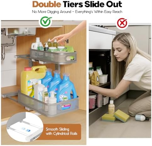 1 Pack 15.7IN-Depth Under Sink Organizer With Smooth Cylindrical Rail,2-Tier Pull Out Multi-Purpose Cabinet Storage for Bathroom&Kitchen,Height Adjustable,Rust-resistant Coating-Gun Gray