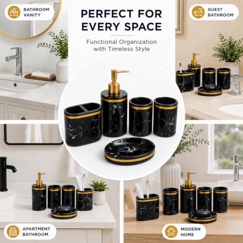 5-Piece Bathroom Counter Top Accessory Set - Dispenser for Liquid Soap or Lotion, Soap Dish, 2 Tumblers and Toothbrush Holder, Marble Pattern Resin (Classic Black)