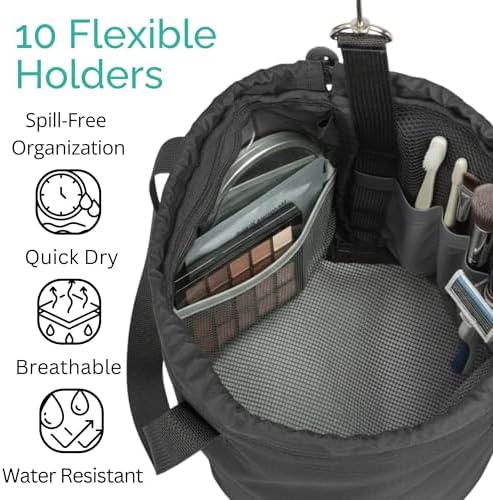 Quick Dry Mesh Shower Caddy for College Dorms – Lightweight Shower Caddy Mesh with Drawstring Top, Breathable Mesh Bottom, and Multiple Pockets with Zippers for Cruise Essentials for Shower (Black)