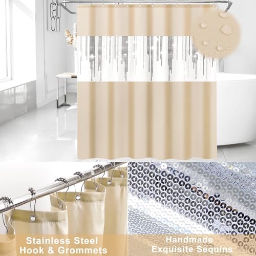 Beige Bathroom Accessories Set with Sequin Shower Curtain Beige Bathroom Decor with Trash Can,Toothbrush Holder, Toothbrush Cup,Soap Dispenser, Tray, Soap Dish,Toilet Brush
