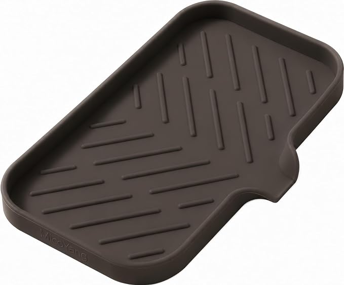 MicoYang Silicone Soap Dish with Drain Spout — Self-Draining Sink Organizer Tray for Bathroom & Kitchen, Sponges, Dispensers & Soap Holder, Non-Slip & Dishwasher Safe, Coffee (Medium, 9.6"×5.3")
