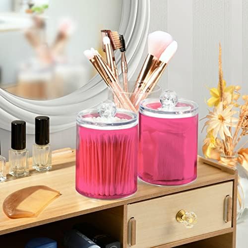 DOMIKING Neon Pink 2 Pack Cotton Swab Holder Dispenser Plastic Jar Bathroom Storage Canister Acrylic Containers for Cotton Swab Round Pads