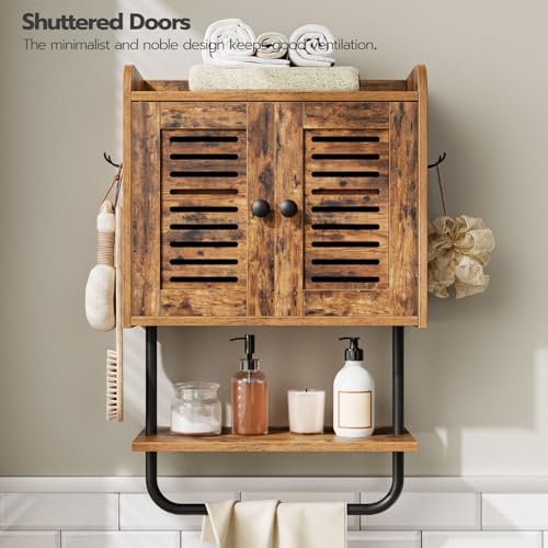 HOOBRO Bathroom Wall Cabinet, Double Doors Medicine Cabinet with Towel Bar, Adjustable Shelf, 2 Hooks, Over The Toilet Storage Cabinet, for Bedroom, Kitchen, Rustic Brown BF46CW01