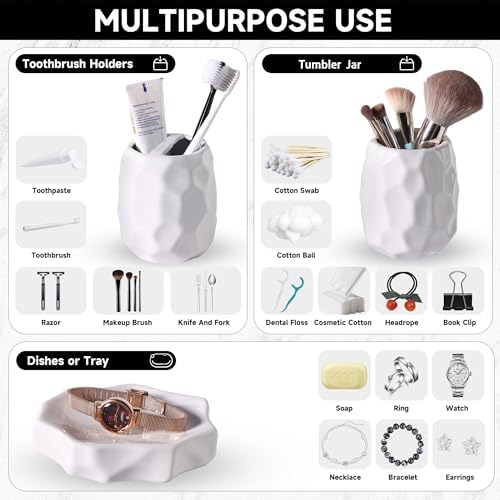 Ceramic Bathroom Accessories Set 4 PCS,Include 16 oz Soap Dispenser,Toothbrush Holder,Tumbler,Soap Dish,Textured Bathroom Counter Set (White)