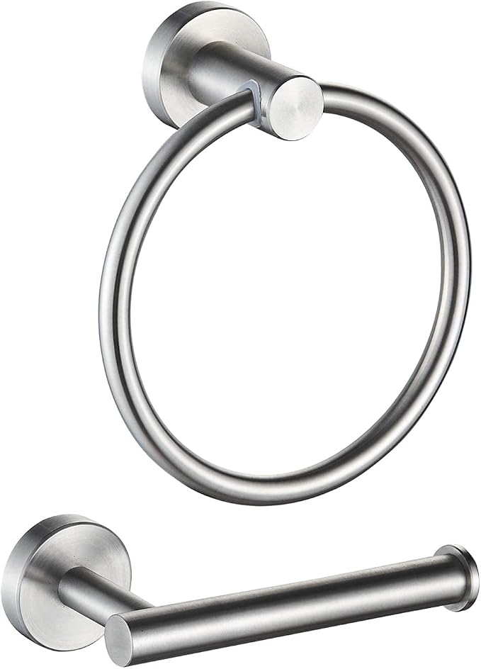 MARMOLUX ACC 2-Pc Bathroom Hardware Set - Hand Towel Holder for Bathroom Wall - Toilet Paper Holder Stand Wall Mount - Towel Holder Hanger Rack Stainless Steel Bathroom Set Towel Ring - Brushed Steel