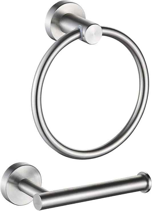 MARMOLUX ACC 2-Pc Bathroom Hardware Set - Hand Towel Holder for Bathroom Wall - Toilet Paper Holder Stand Wall Mount - Towel Holder Hanger Rack Stainless Steel Bathroom Set Towel Ring - Brushed Steel
