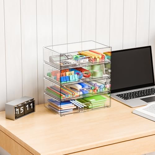 Yieach 12.2''W Clear Stackable Storage Drawers,4 Pack Acrylic Drawers,Bathroom Organizer Bin and Plastic Makeup Organizer,Clear Stacking Brightroom Storage Boxes for Vanity,Cabinet,Pantry Organization