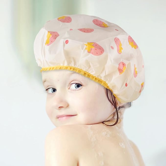 Waterproof Shower Caps, 3 Pcs Plastic Reusable Shower Caps Elastic Band Bath Caps for Women, Kids (Food) | Non-Slip Elastic Band, for Shower, Spa, Travel, Makeup, Cooking, Hair Care