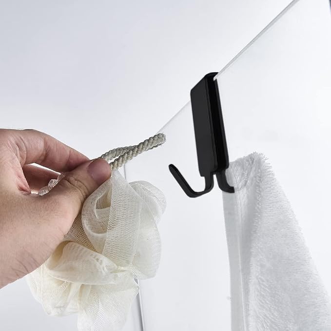 Double Hooks for Glass Shower Door, Towel Hooks Over The Bathroom Glass Wall 0.31-0.39in, Stainless Steel, Matte Black,2 Pack.