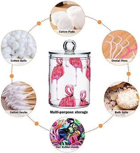 2 Pack Apothecary Jars Bathroom Pink Flamingo Qtip Holder Storage Canister Clear Plastic Jar with Lid for Cotton Ball, Cotton Swab