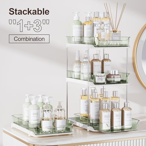 Delamu 2-Tier Multi-Purpose Bathroom Under Sink Organizers and Storage, Stackable Kitchen Pantry Organization, Pull Out Medicine Cabinet Organizer with Movable Dividers, Light Green, 4 Pack