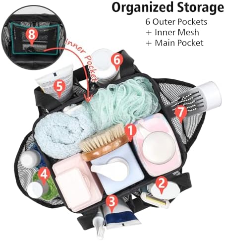 F-color Mesh Shower Caddy Portable - Stand Up 8 Pockets for Dorm, Black