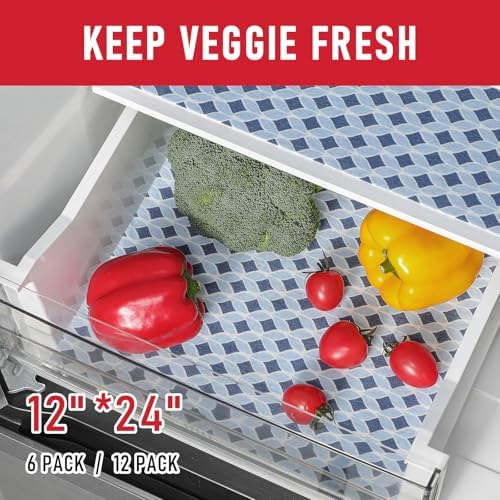 Cooyes 6 Pack 12" × 24" Cloth Shelf Liners for Kitchen Cabinet, Non-Slip Refrigerator Liners Machine Washable, Refrigerator Drawer Mats for Glass Shelves and Kitchen Cabinets, (Light Blue)