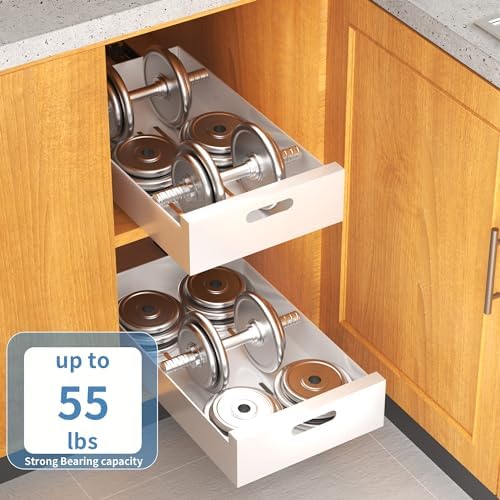 HBL' 1 Pack | 21" Deep Pull Out Cabinet Organizer Adhesive, 10-Inch Wide Sturdy Carbon Steel Roll-Out Drawers, Designed for Frameless Cabinets, Slide-Out Shelves for Pantry.