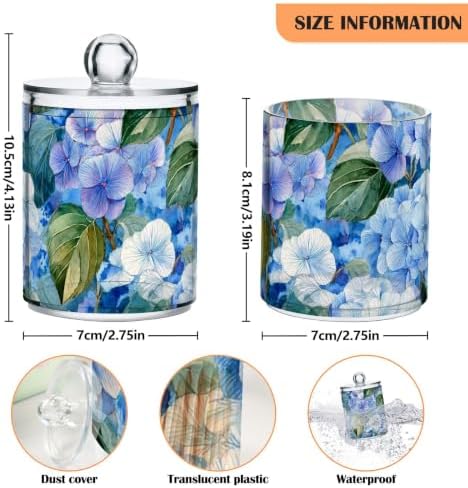 Fustylead 4 Pack Vibrant Watercolor Blue Hydrangea and Leaves Qtip Holder Dispensers, Plastic Apothecary Jar Bathroom Accessories Set for Cotton Ball, Swab, Round Pads, Floss