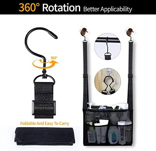 4 Storage Pockets Adjustable Hanging Mesh Bathroom Bag, Shower Caddy College with Hooks, Applied to College Dorm Rooms, Gym, Swimming and RV Travel (Black)